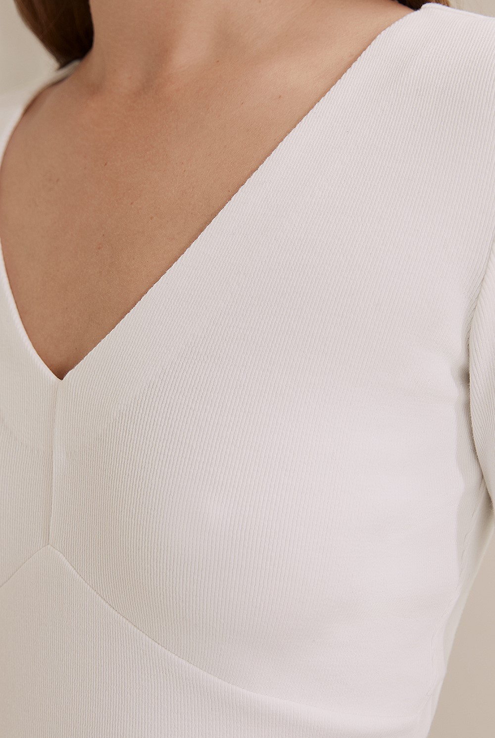 Deep V-Neck Rib Long Sleeve Top