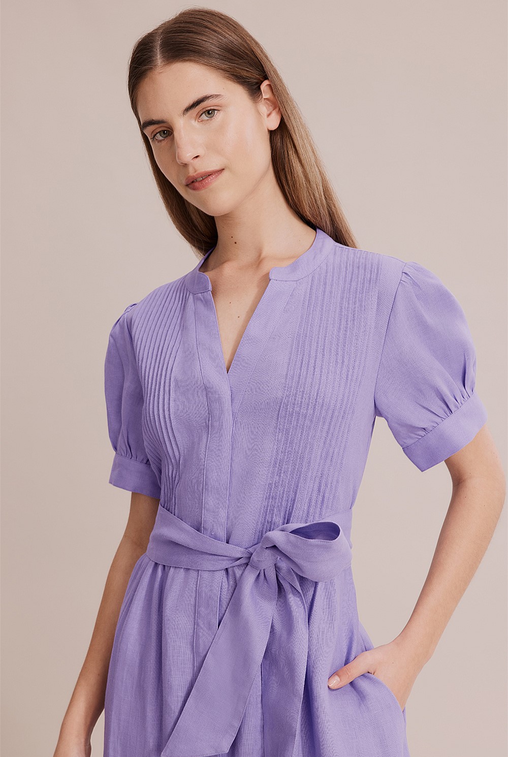 Organically Grown Linen Pin Tuck Midi Dress