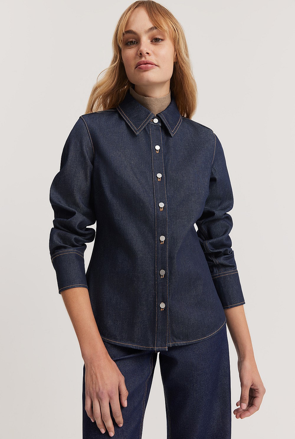 Cotton Blend Fitted Denim Shirt