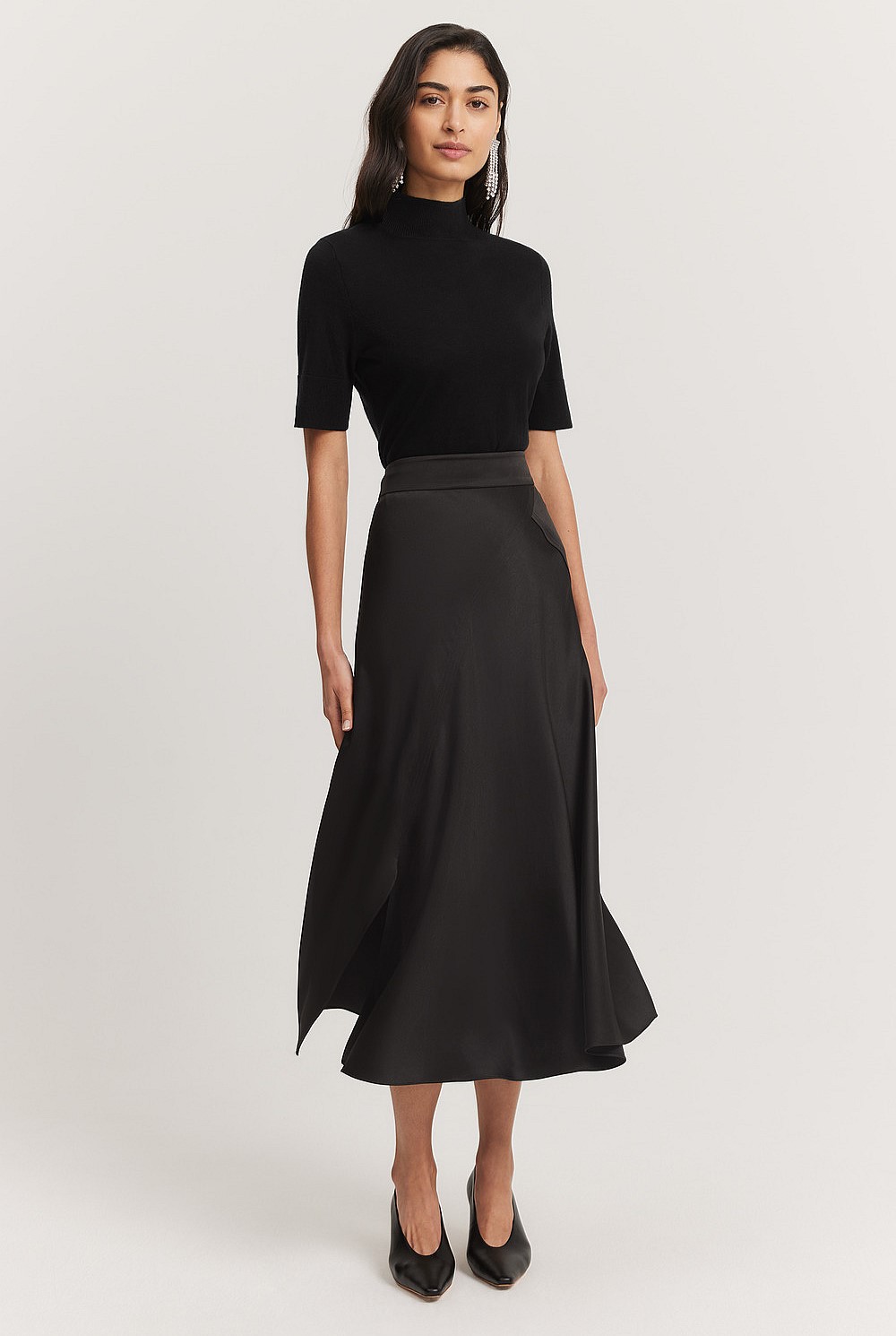 black-satin-split-skirt-work-country-road