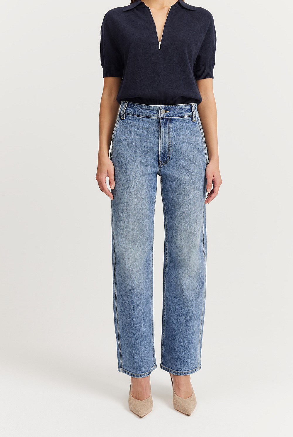 Cotton Blend High Rise Wide Leg Jean