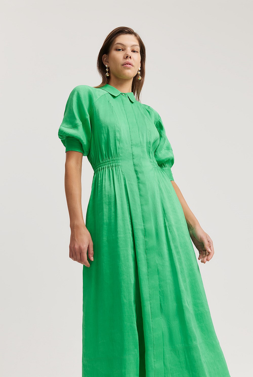 Organically Grown Linen Blend Fluid Cinched Shirt Dress