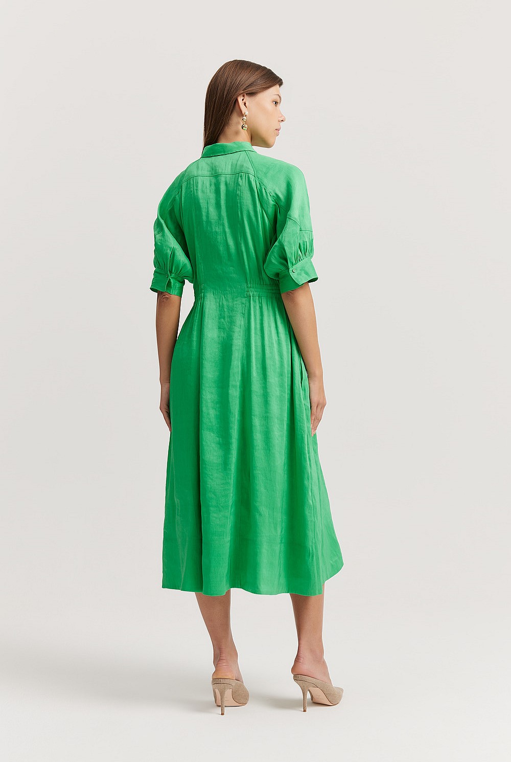 Organically Grown Linen Blend Fluid Cinched Shirt Dress