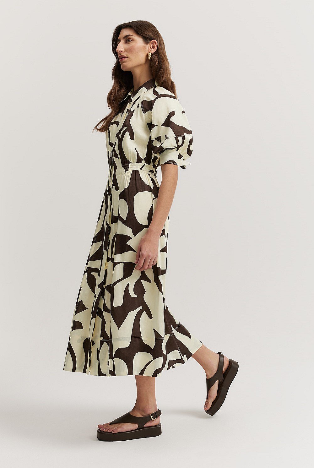 Organically Grown Linen Blend Print Cinched Shirt Dress