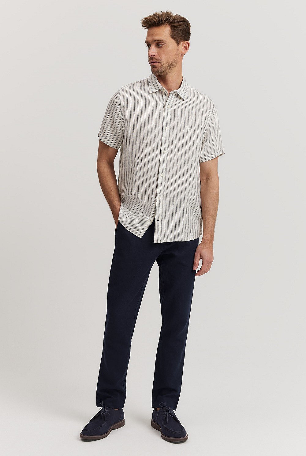 Regular Fit Organically Grown Linen Stripe Short Sleeve Shirt