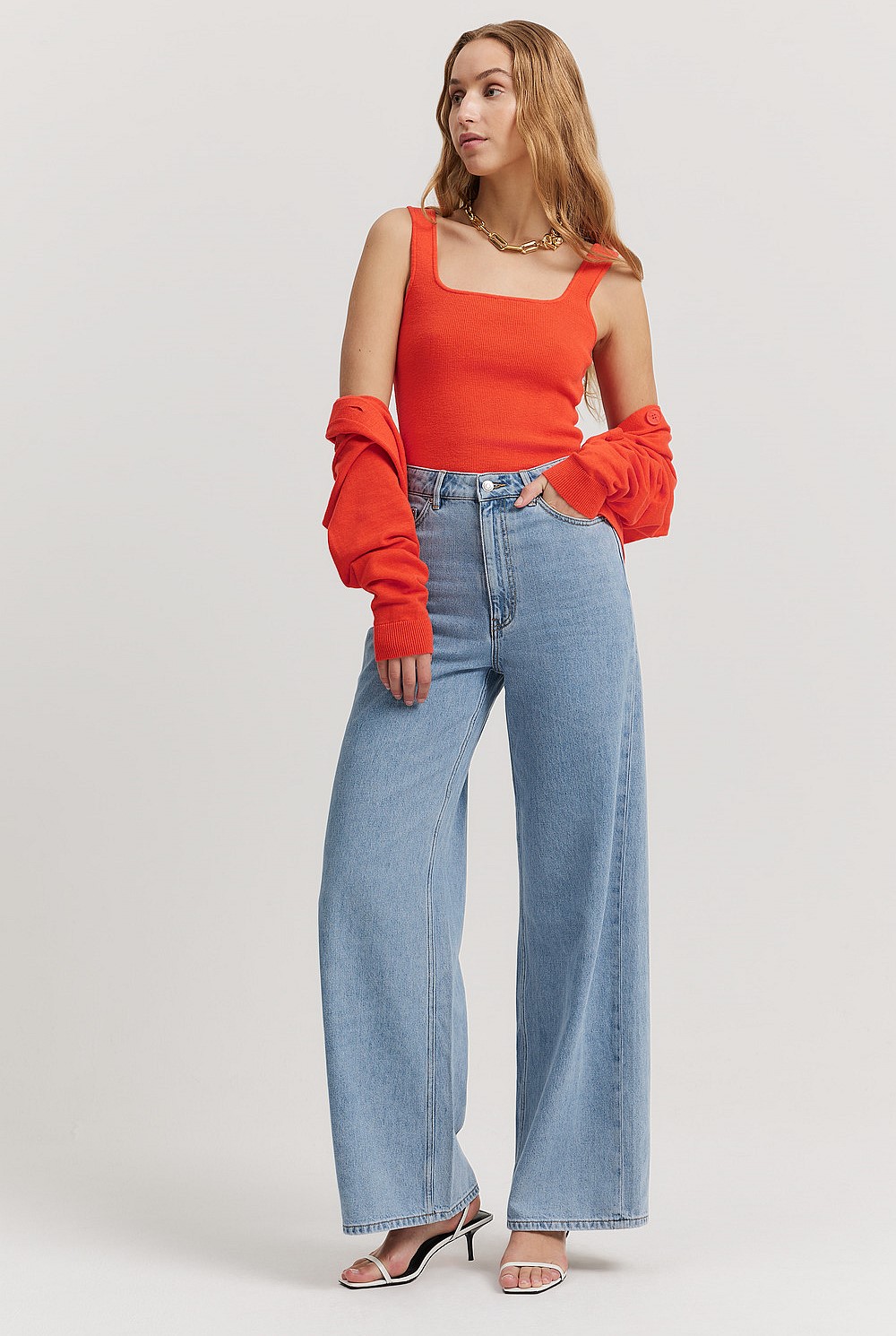 Cotton Blend High Rise Relaxed Leg Jean