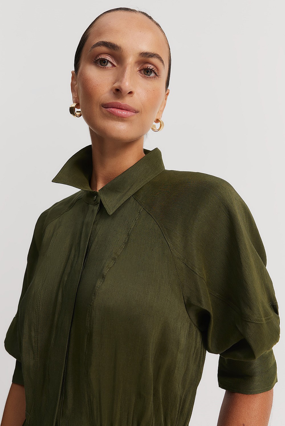 Organically Grown Linen Blend Fluid Cinched Shirt Dress