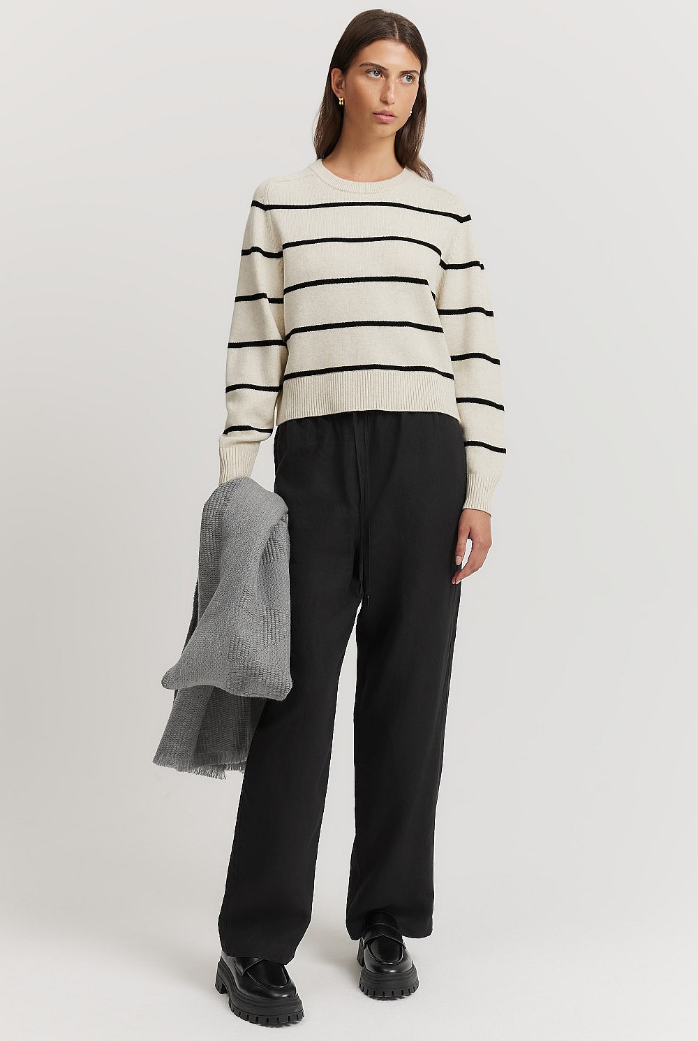 Organically Grown Cotton Blend Stripe Crop Crew Neck Knit