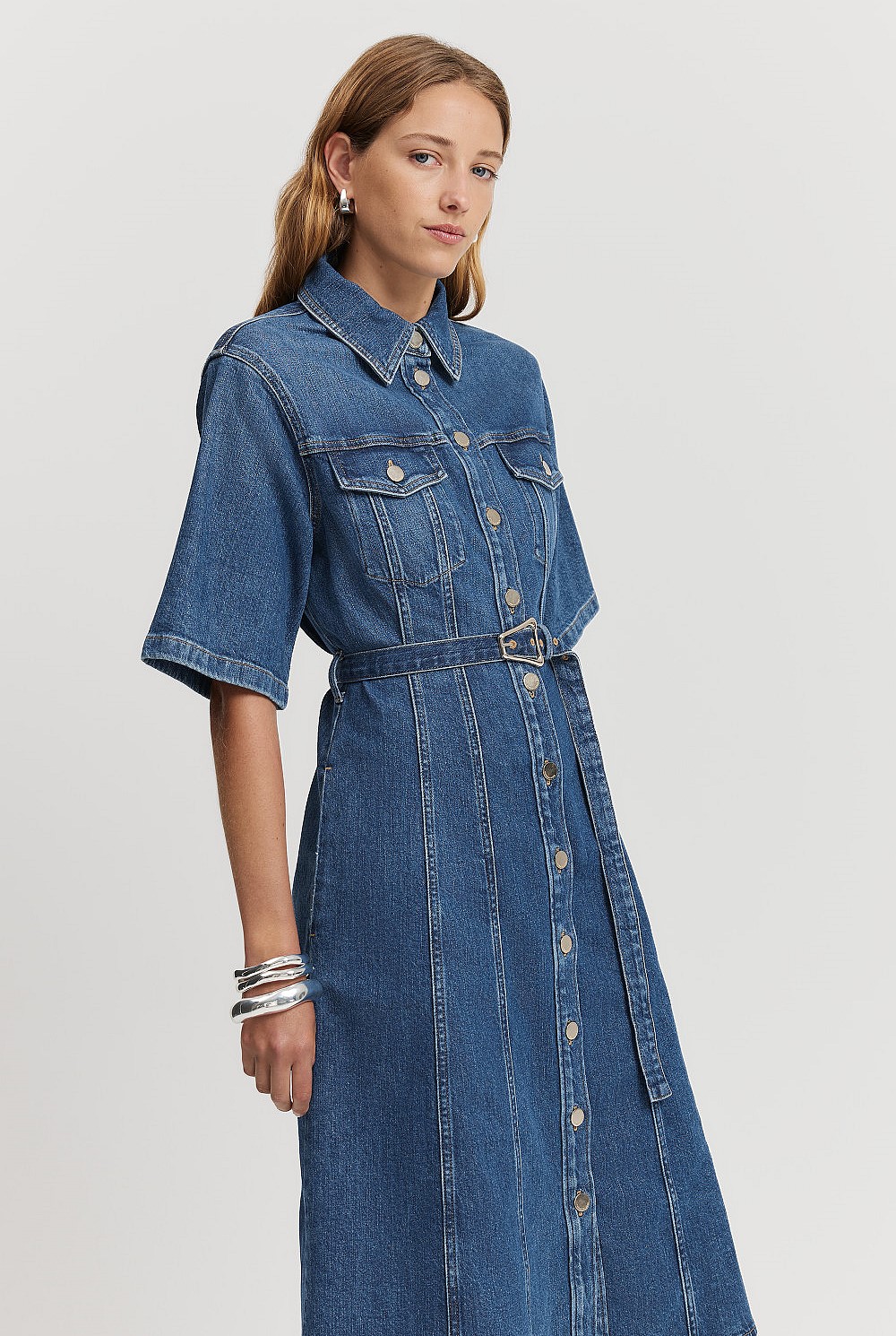 Short Sleeve Denim Midi Dress