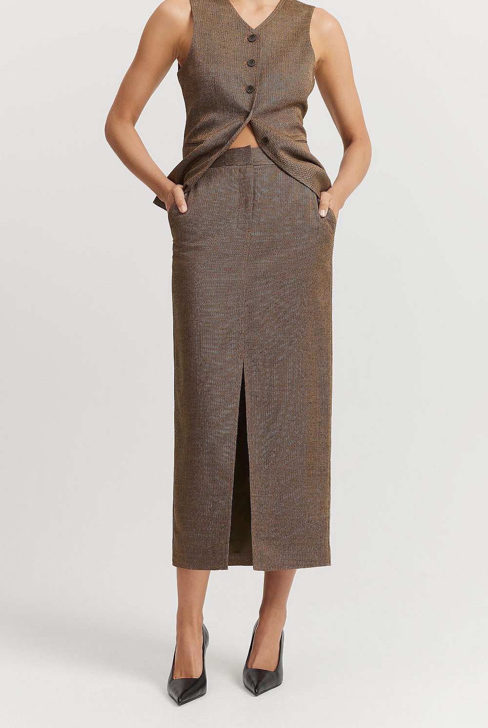 Herringbone Front Split Midi Skirt