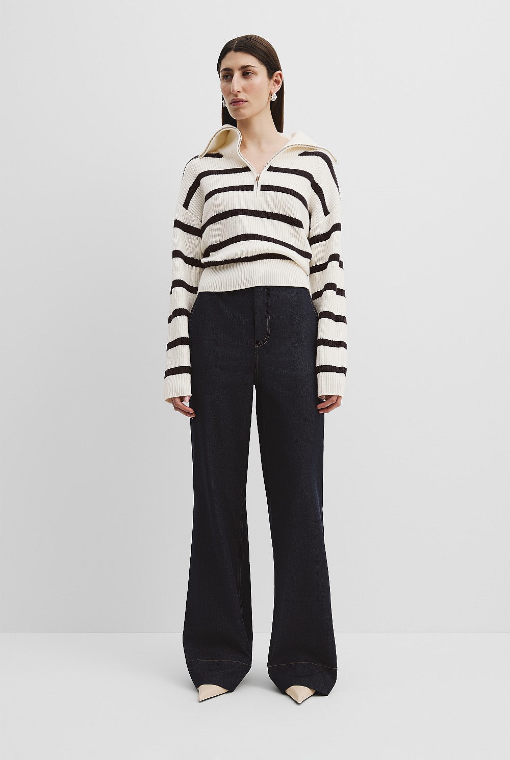 Cotton Blend Stripe Zip Neck Rib Knit