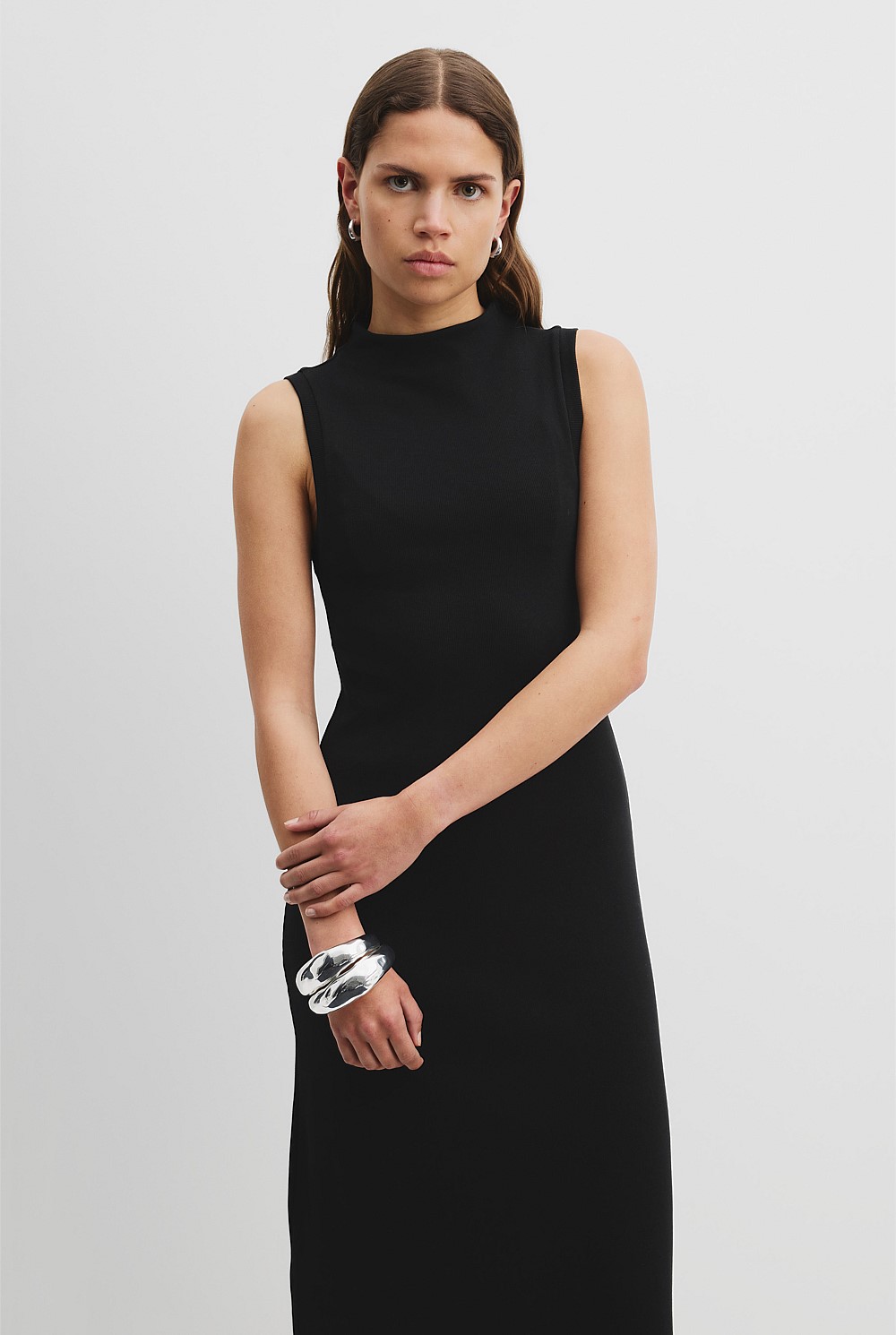 Australian Cotton Blend Mock Neck Rib Dress