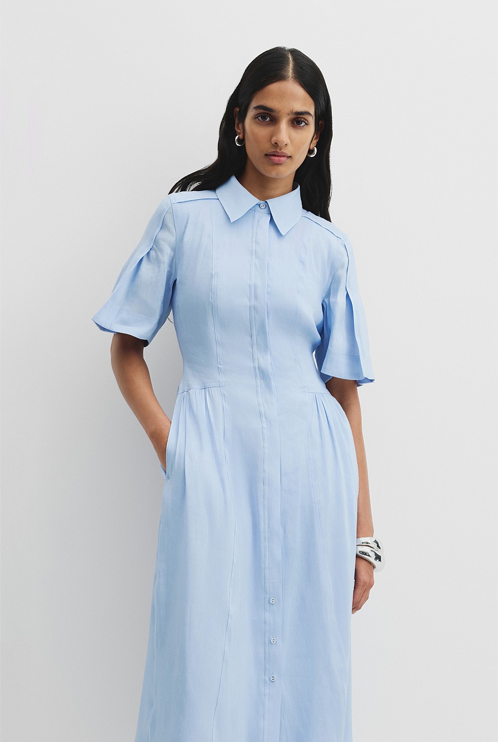Linen Blend Cinched Shirt Dress