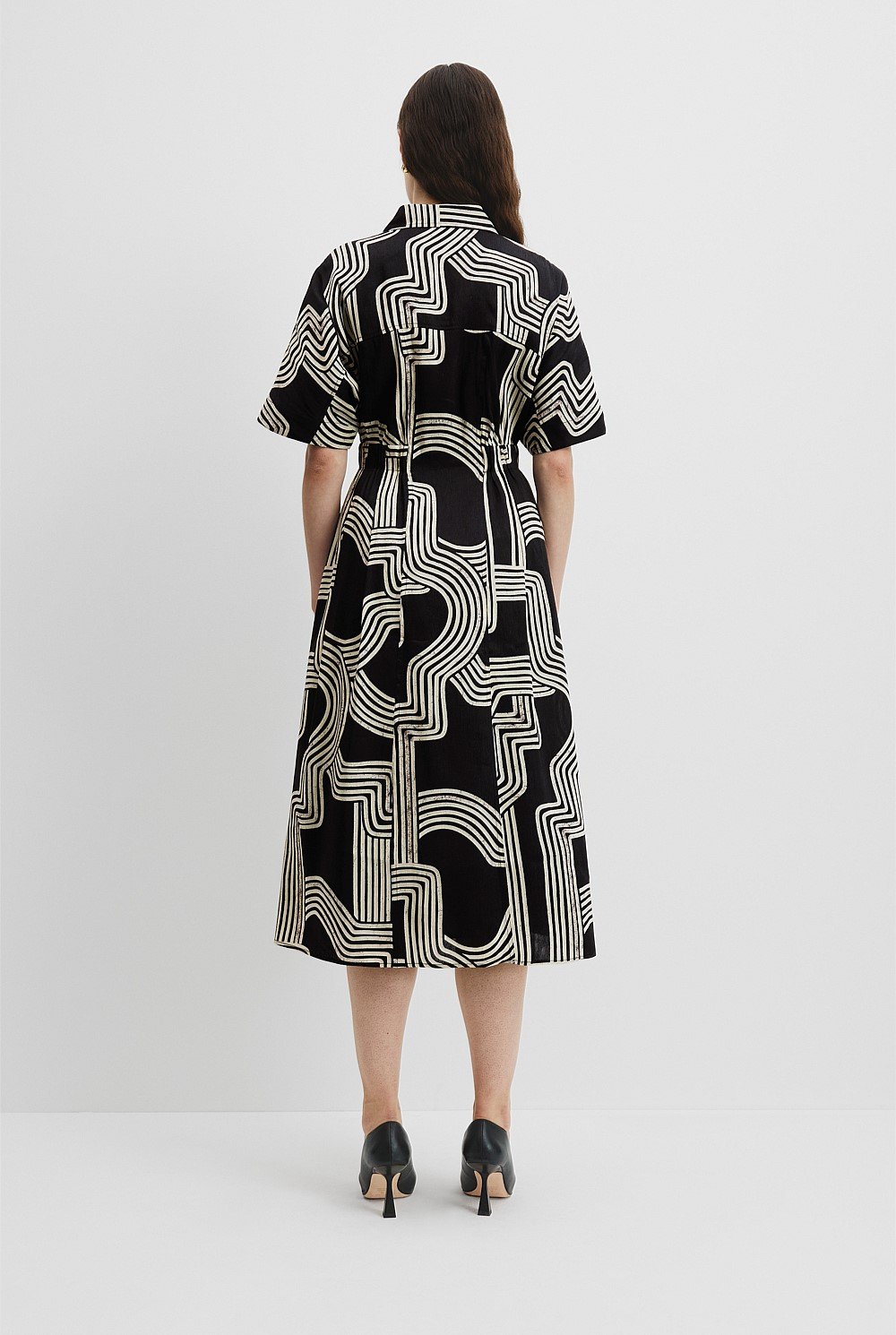 Organically Grown Linen Print Cinched Shirt Dress