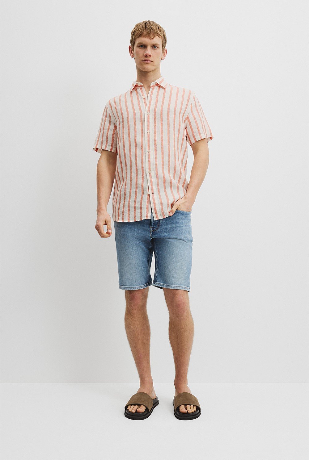 Regular Fit Organically Grown Linen Short Sleeve Stripe Shirt