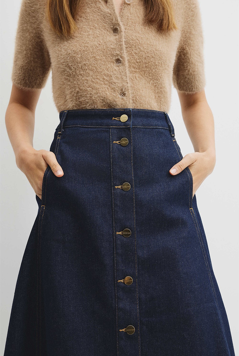 A-Line Denim Midi Skirt