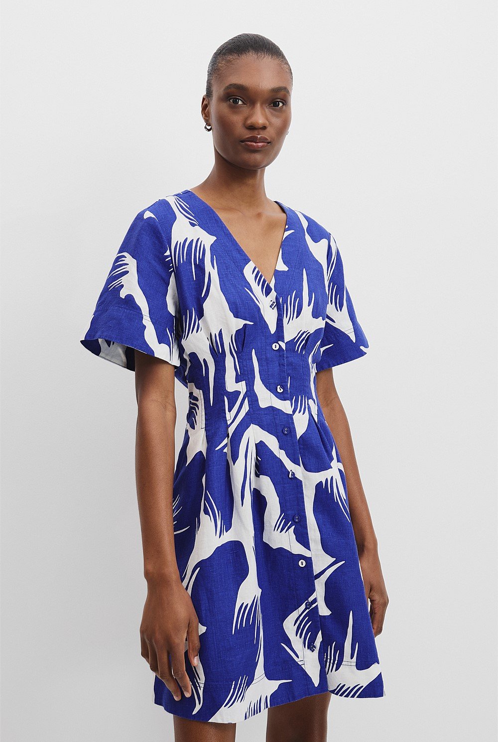 Organically Grown Linen Print Tuck Detail Mini Dress