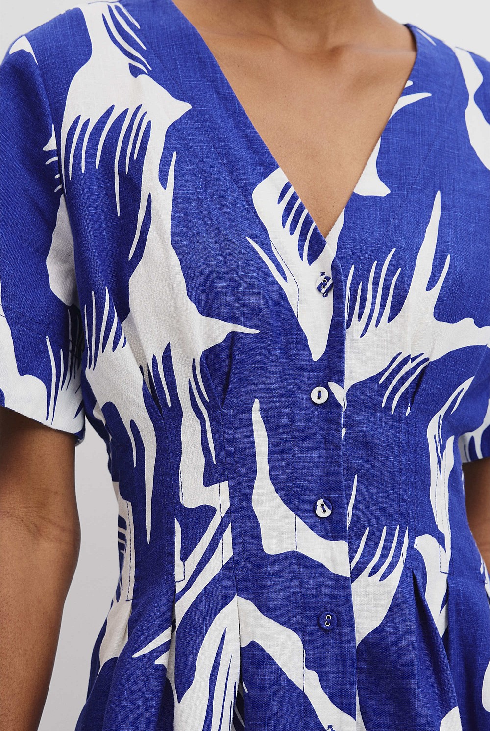 Organically Grown Linen Print Tuck Detail Mini Dress
