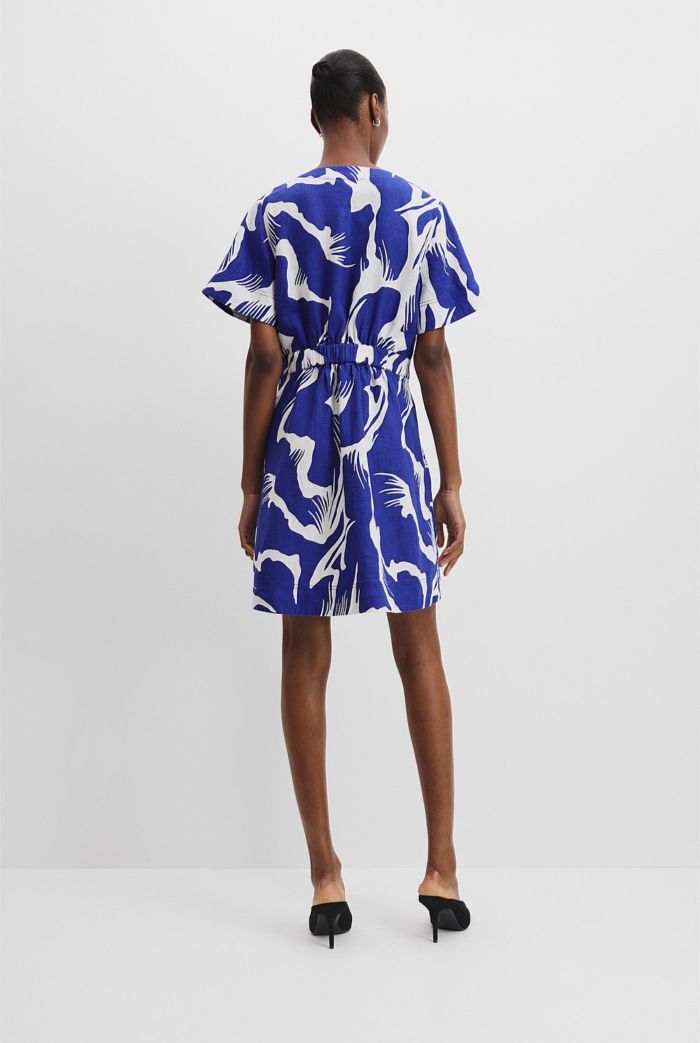 Organically Grown Linen Print Tuck Detail Mini Dress
