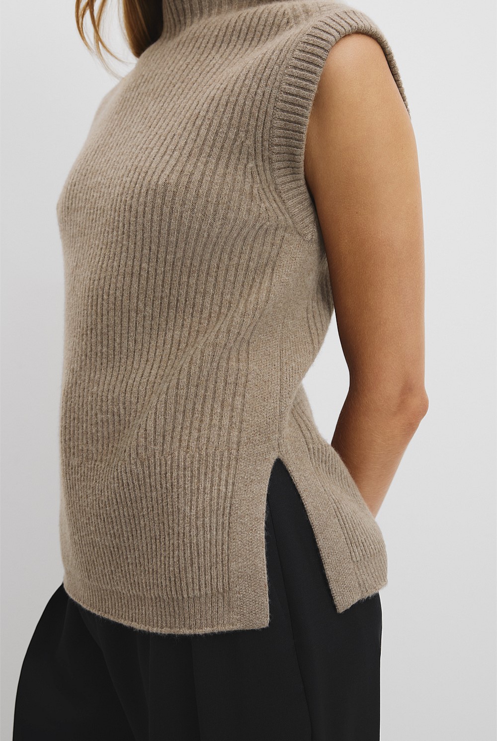 Organically Grown Cotton Blend Roll Neck Knit Vest