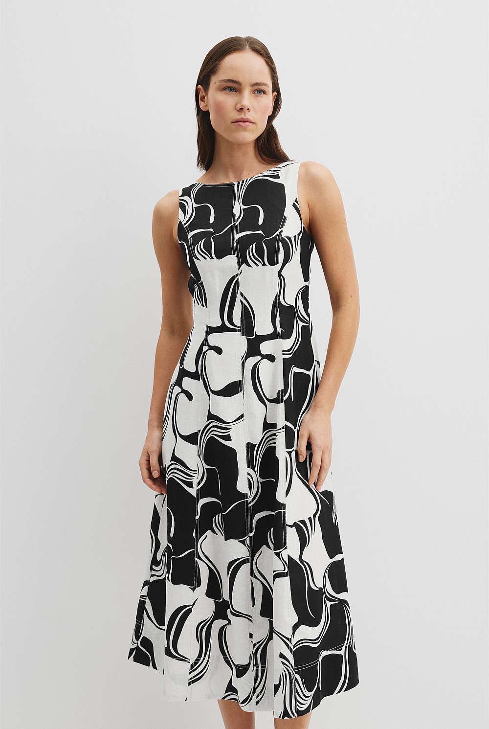 Organically Grown Linen Print Fit-and-Flare Dress