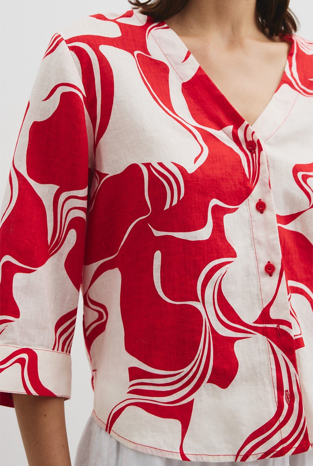 Organically Grown Cotton Print 3/4 Sleeve Linen Shirt