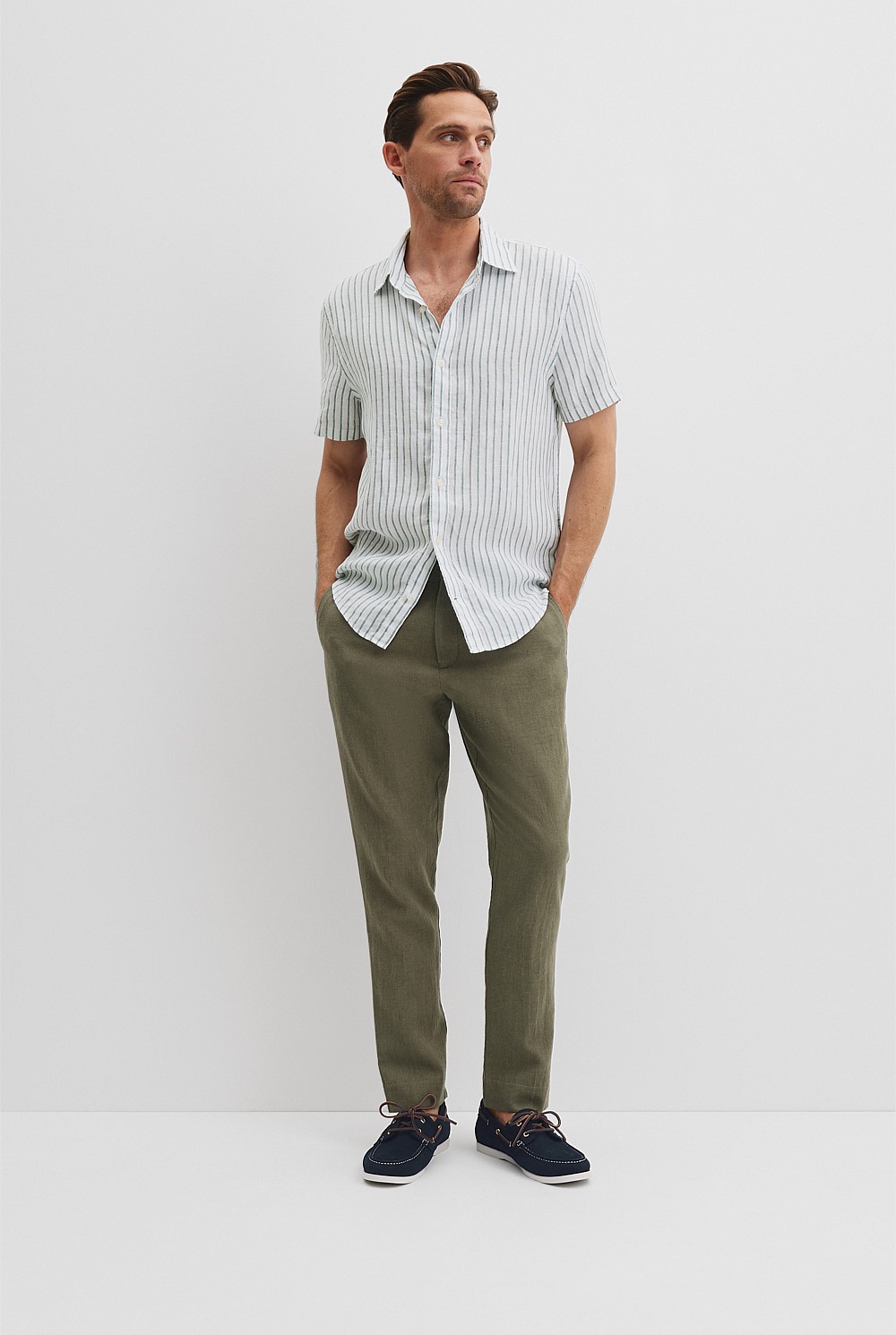 Regular Fit Organically Grown Linen Short Sleeve Stripe Shirt