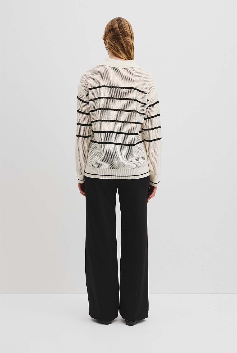 Organically Grown Cotton Linen Stripe Mesh Long Sleeve Polo Knit