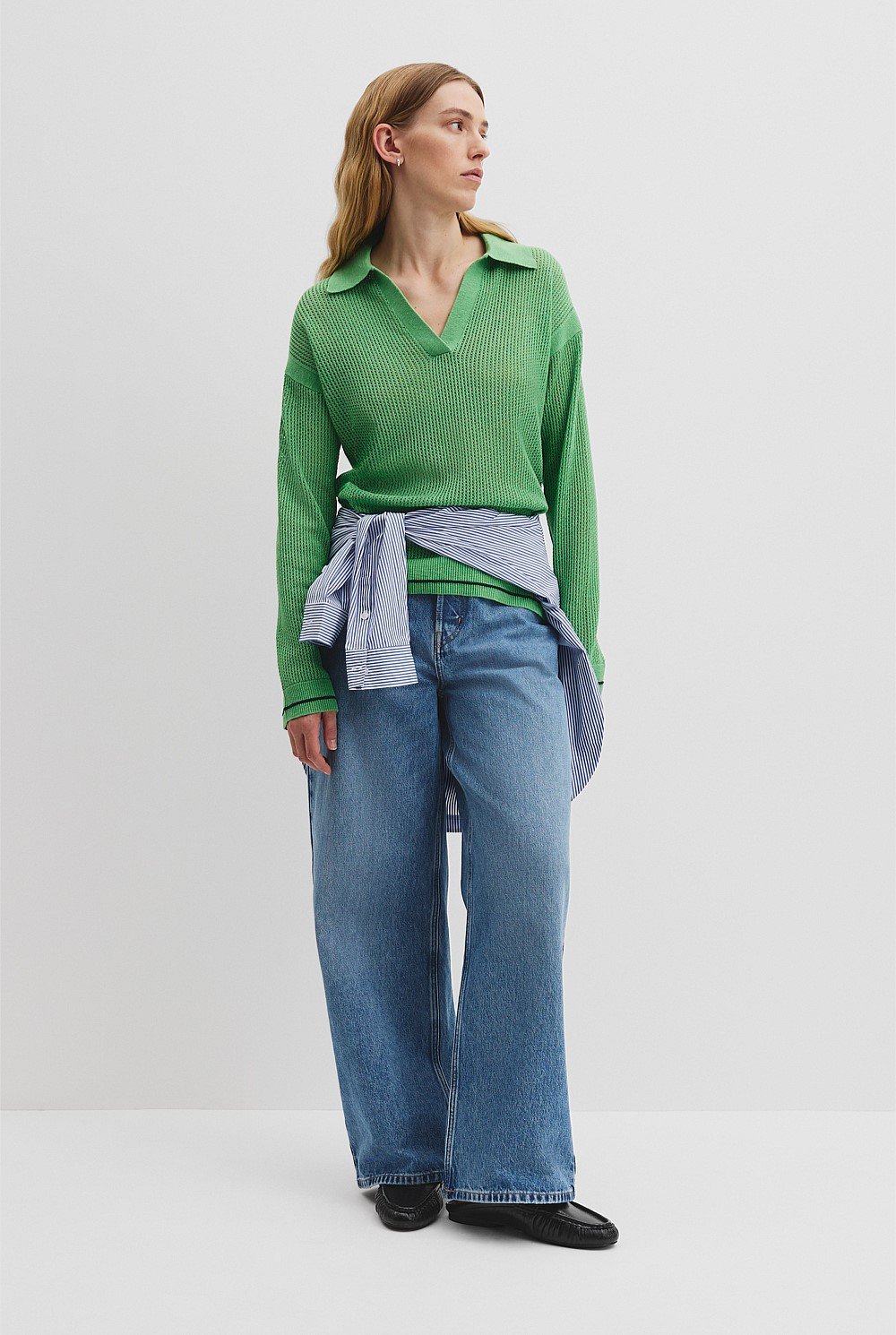 Organically Grown Cotton Mesh Long Sleeve Polo Knit