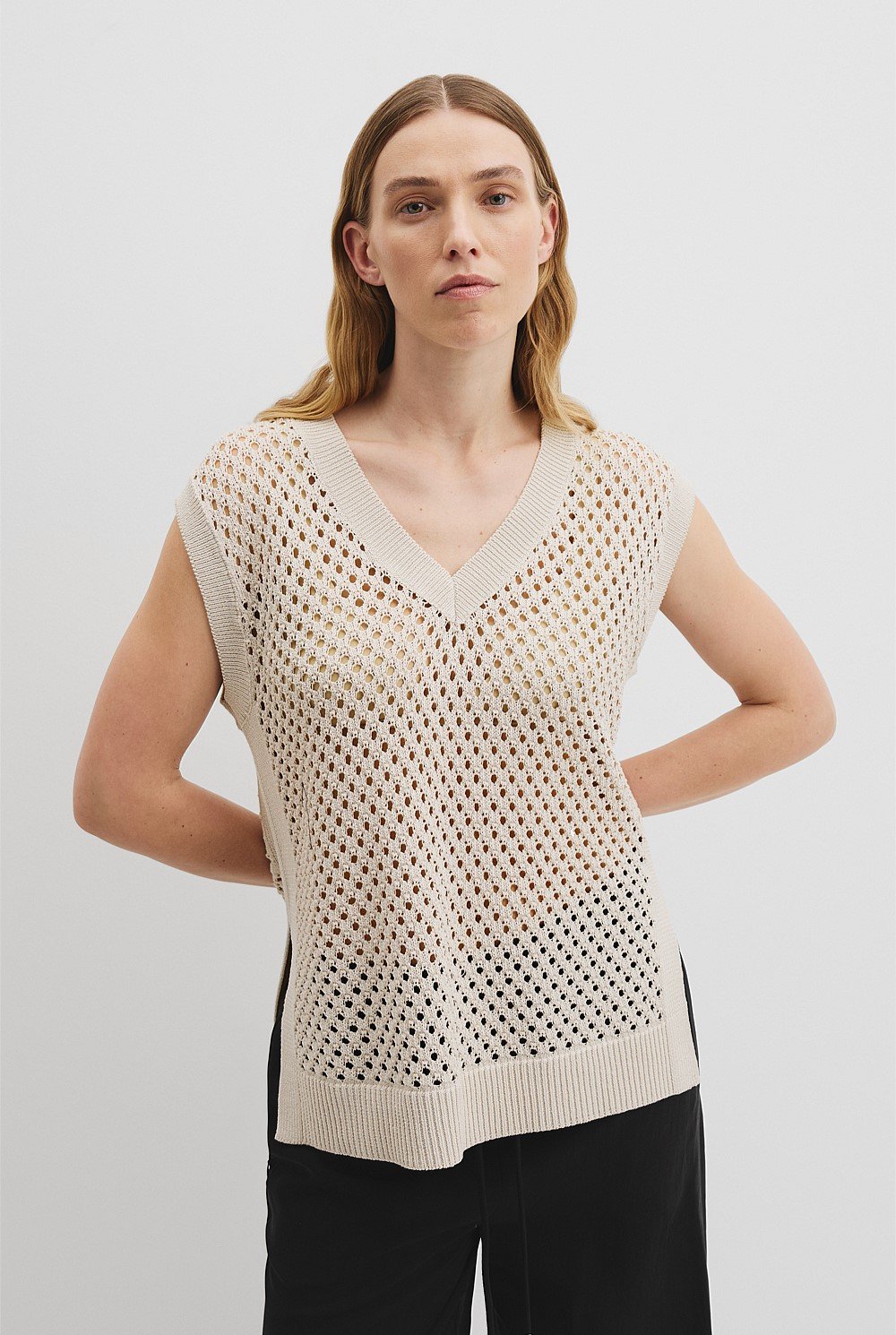 Organically Grown Cotton Linen Open Mesh Knit T-Shirt