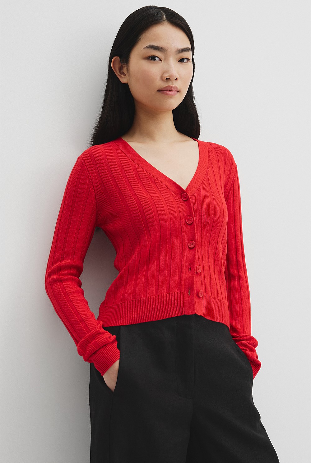 Organically Grown Cotton Blend Fitted Knit Cardigan