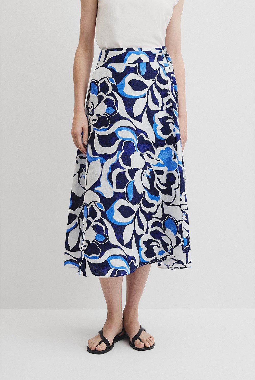 Organically Grown Linen Print Wrap Midi Skirt