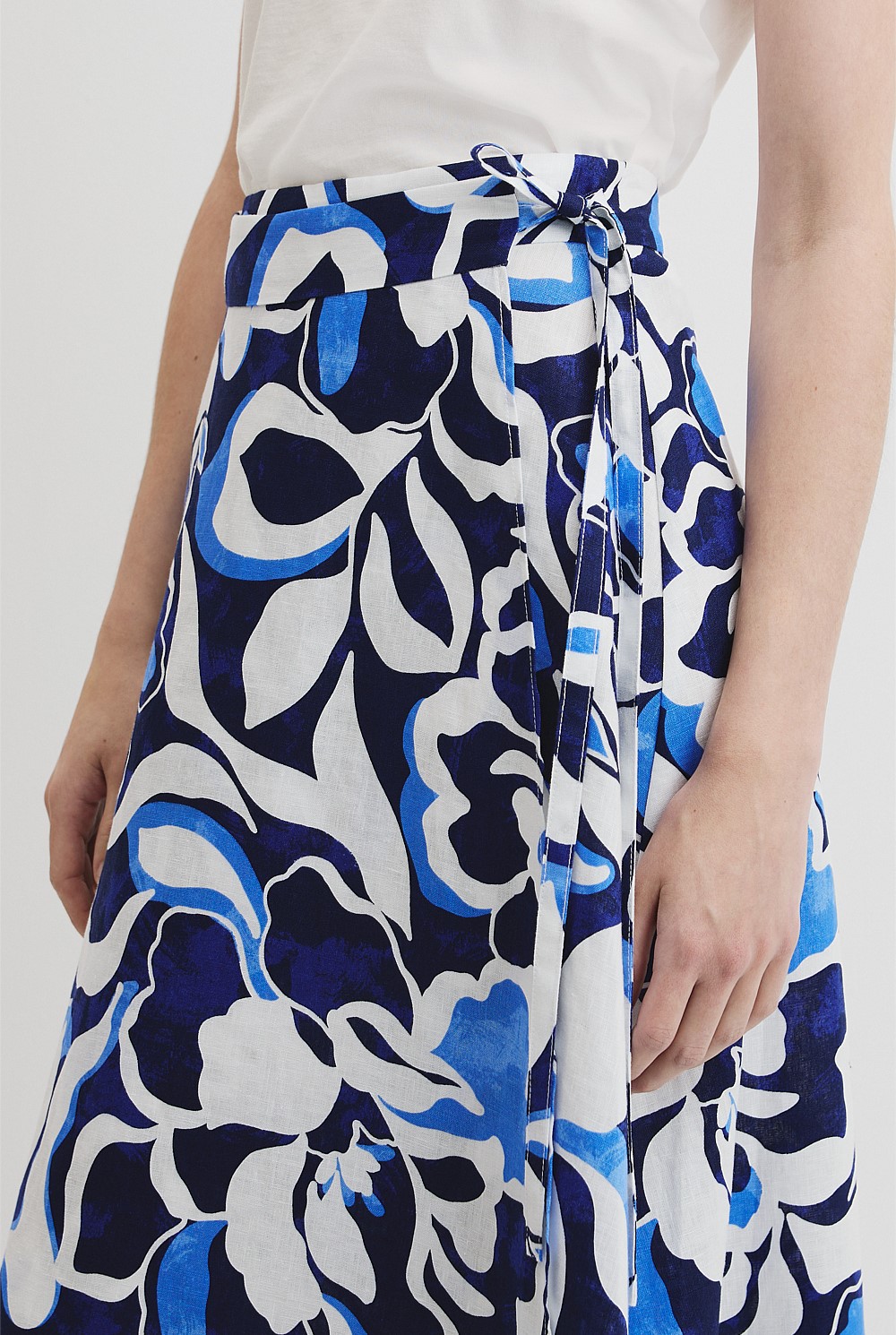 Organically Grown Linen Print Wrap Midi Skirt
