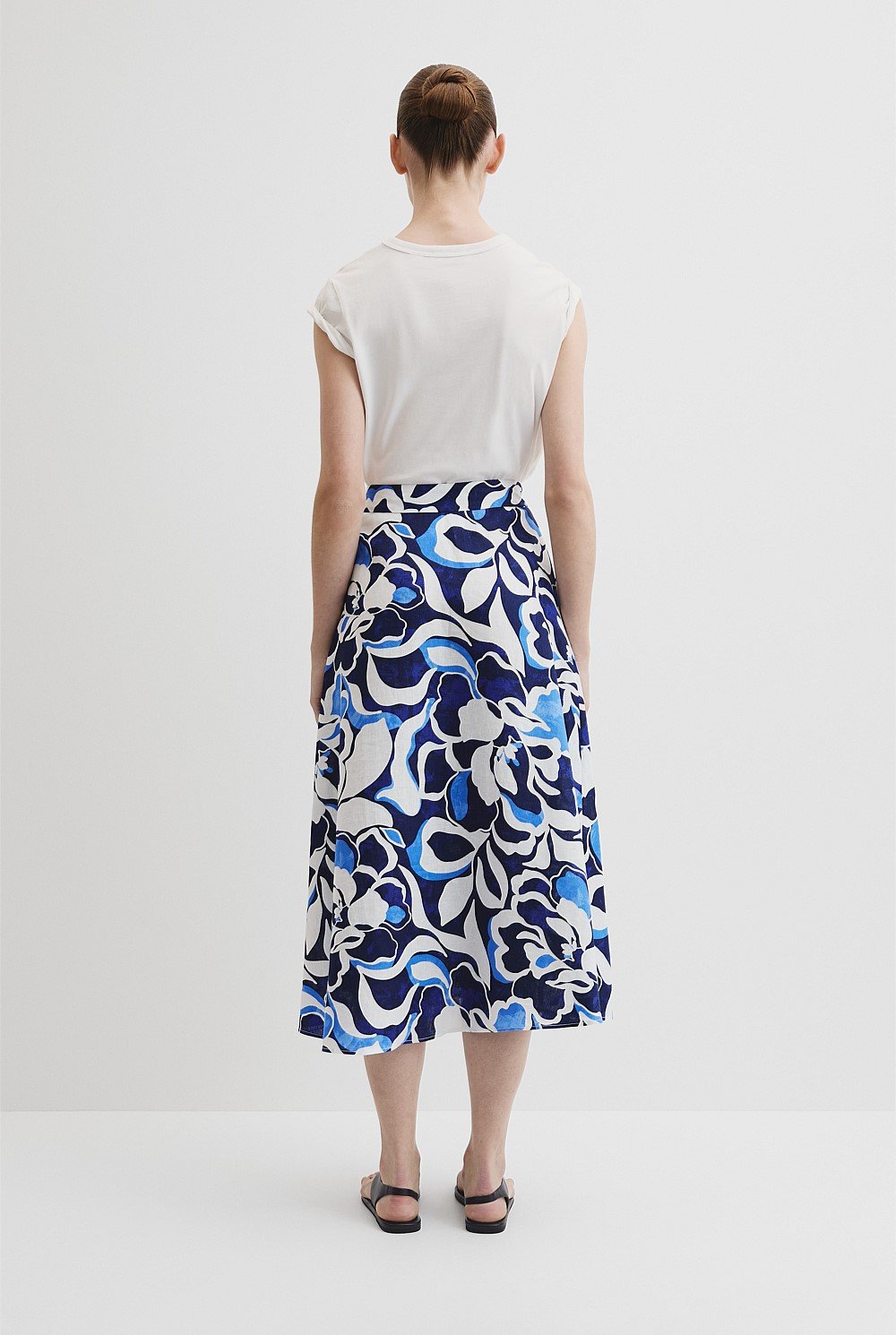 Organically Grown Linen Print Wrap Midi Skirt