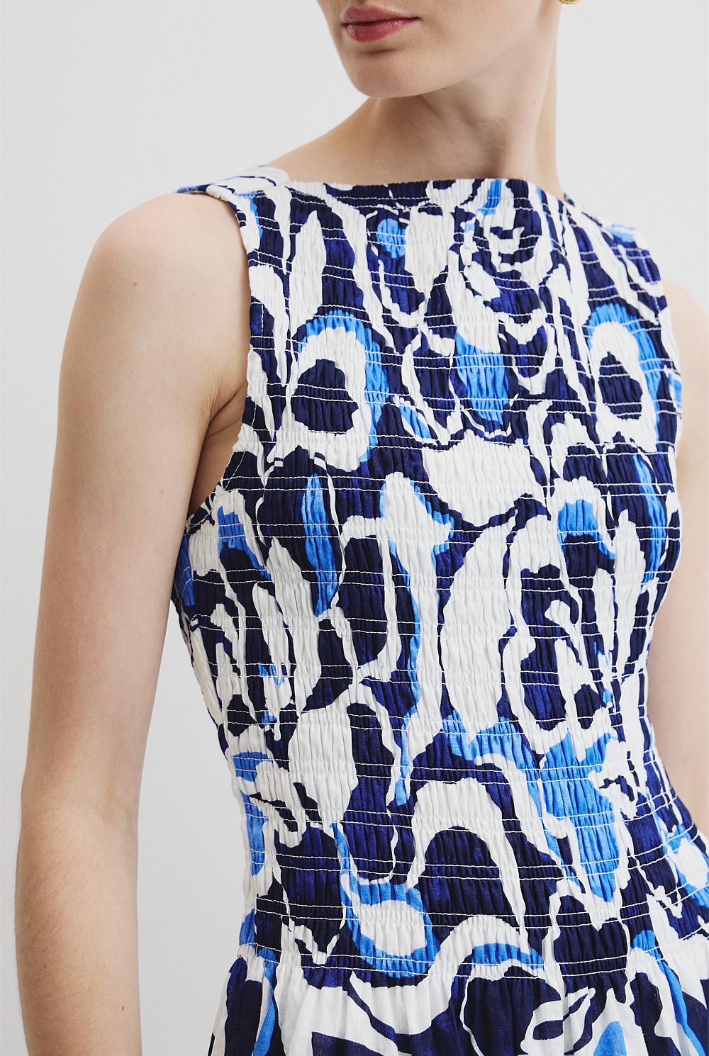 Print Shirred Midi Dress