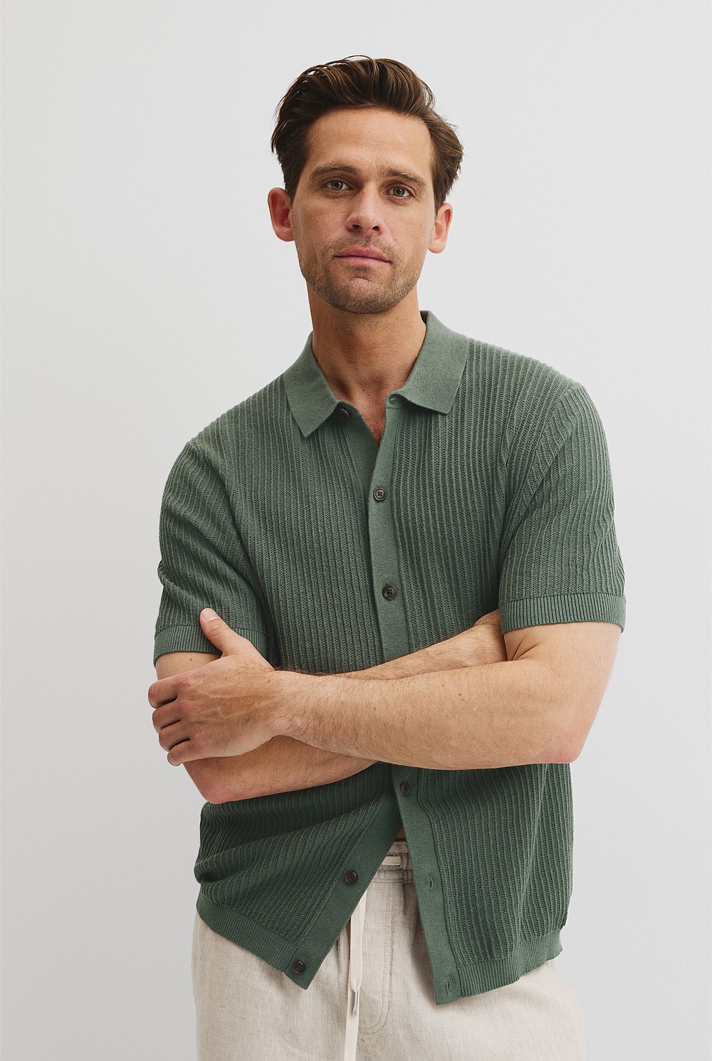 Short Sleeve Cotton Linen Knit Shirt