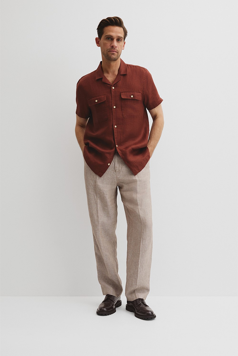 Double Pocket Textured Linen Short Sleeve Shirt