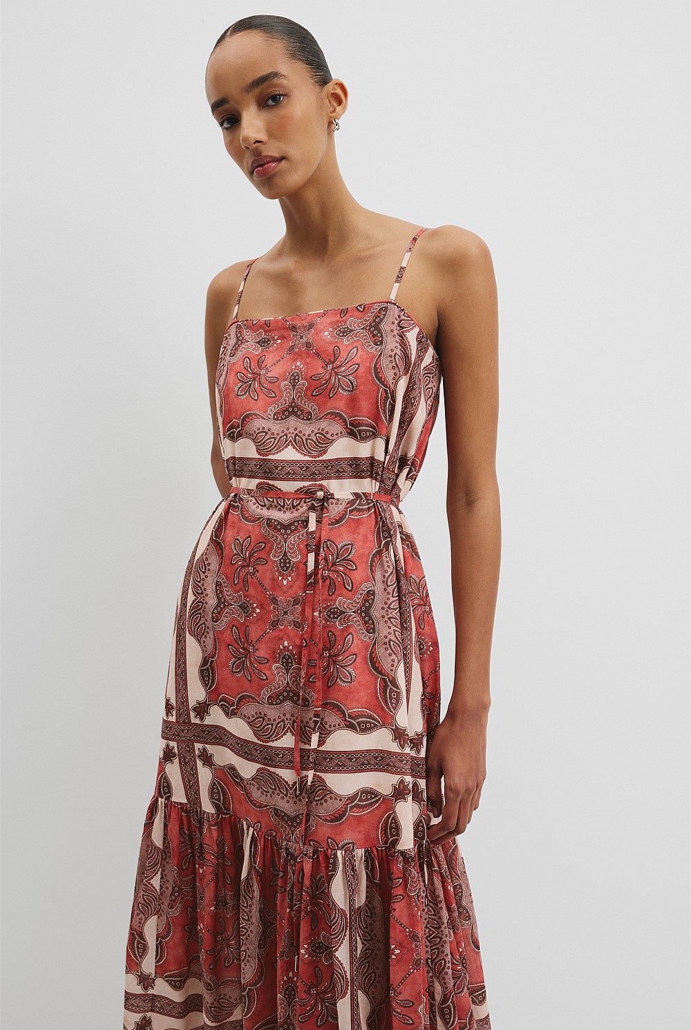 Australian Good Earth Cotton Print Tiered Slip Dress