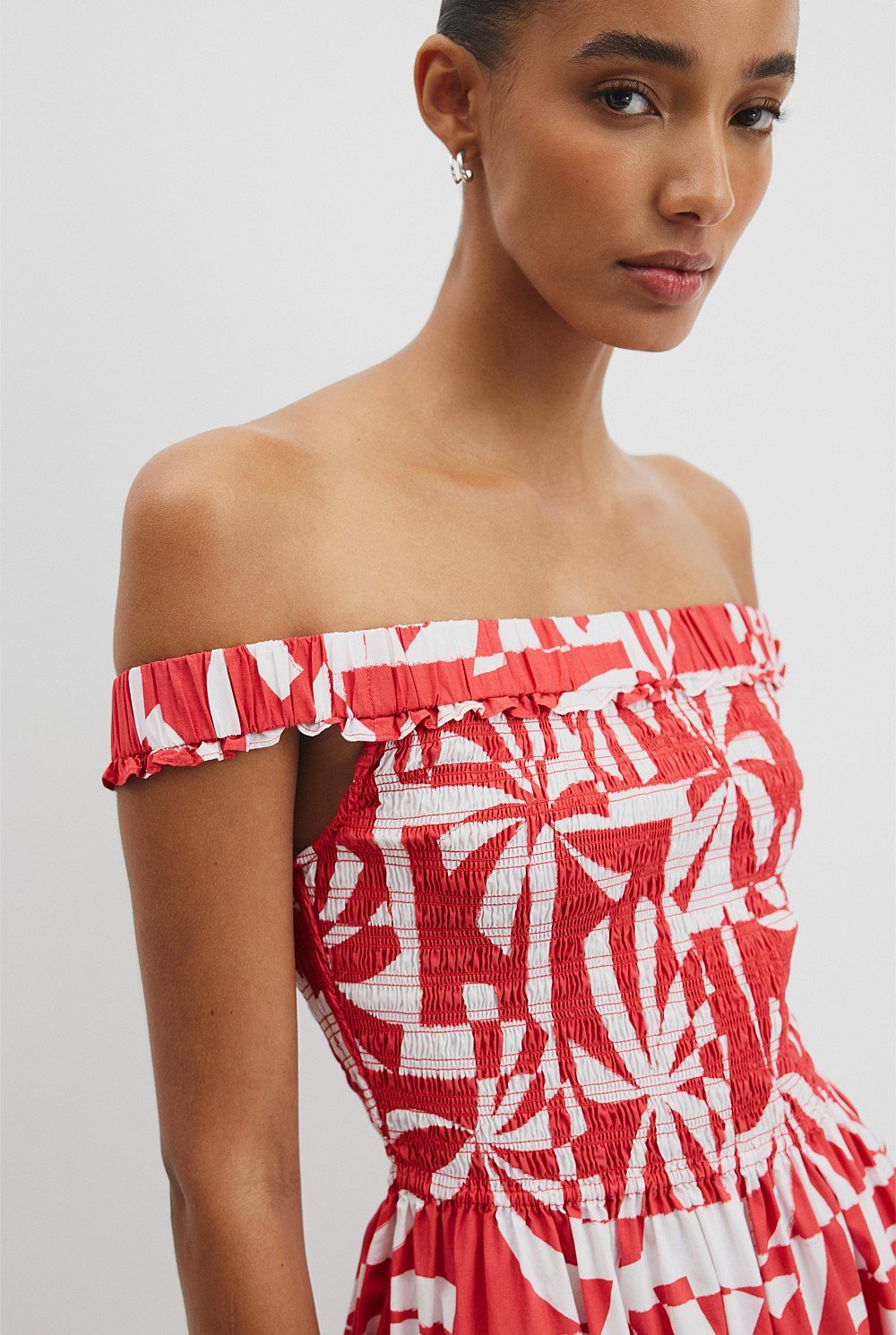 Print Shirred Midi Dress