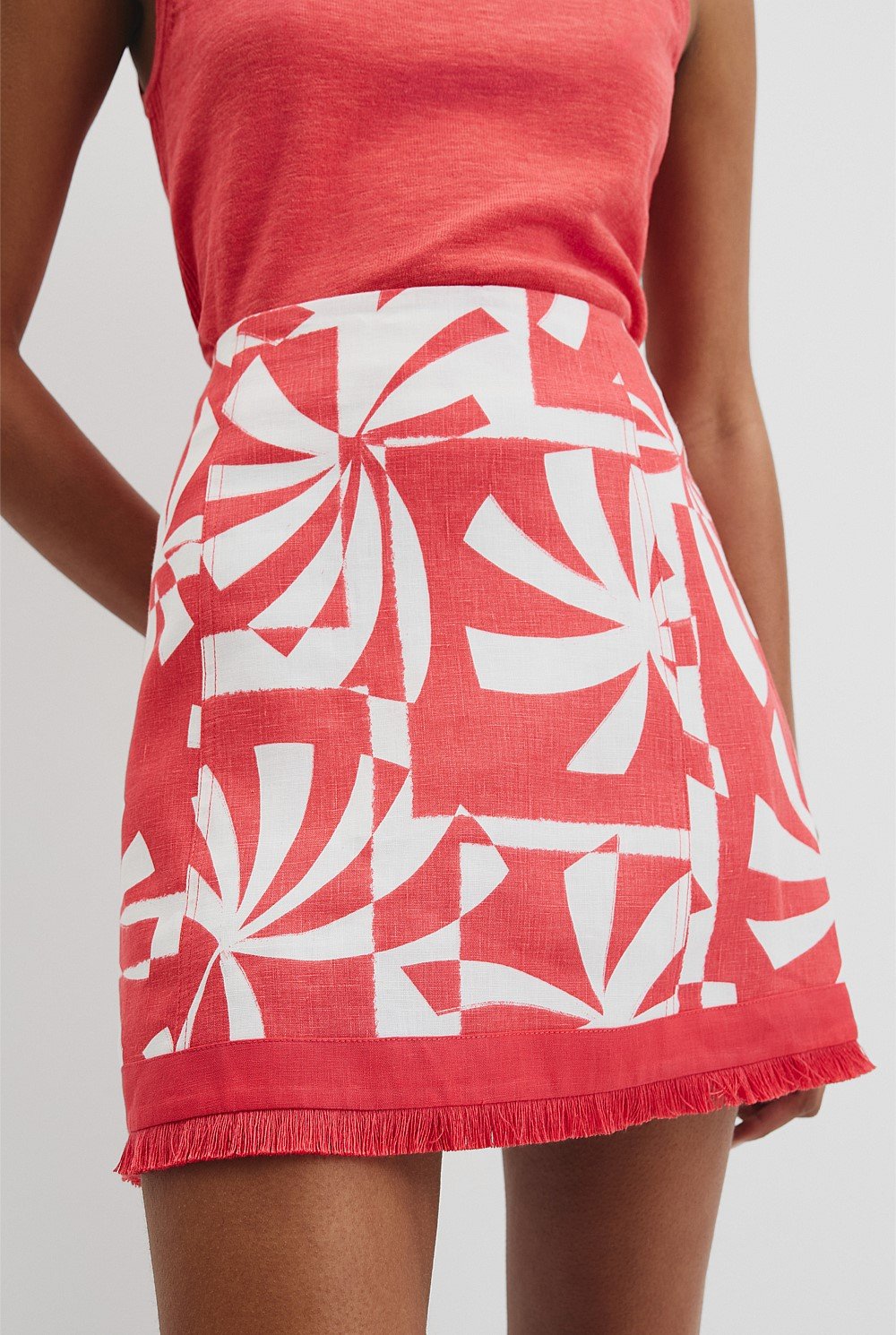 Organically Grown Linen Print Fray Mini Skirt