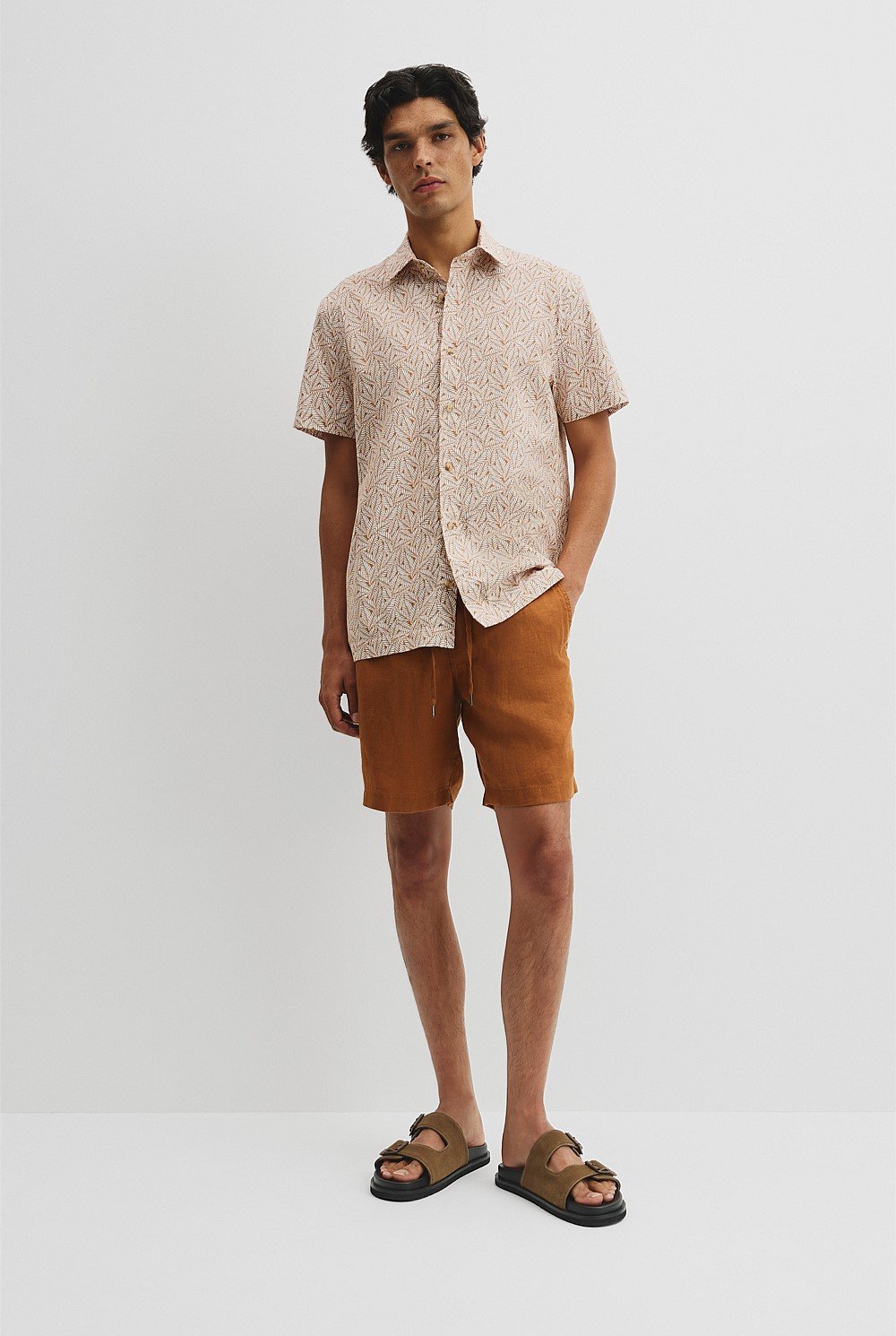 Short Sleeve Cotton Leaf Print Shirt