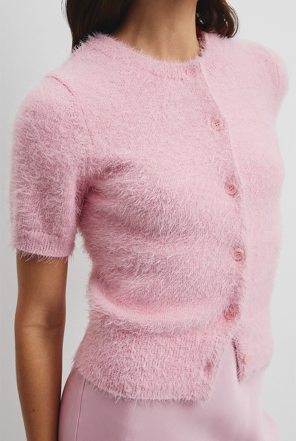 Button Fluffy Knit T-Shirt