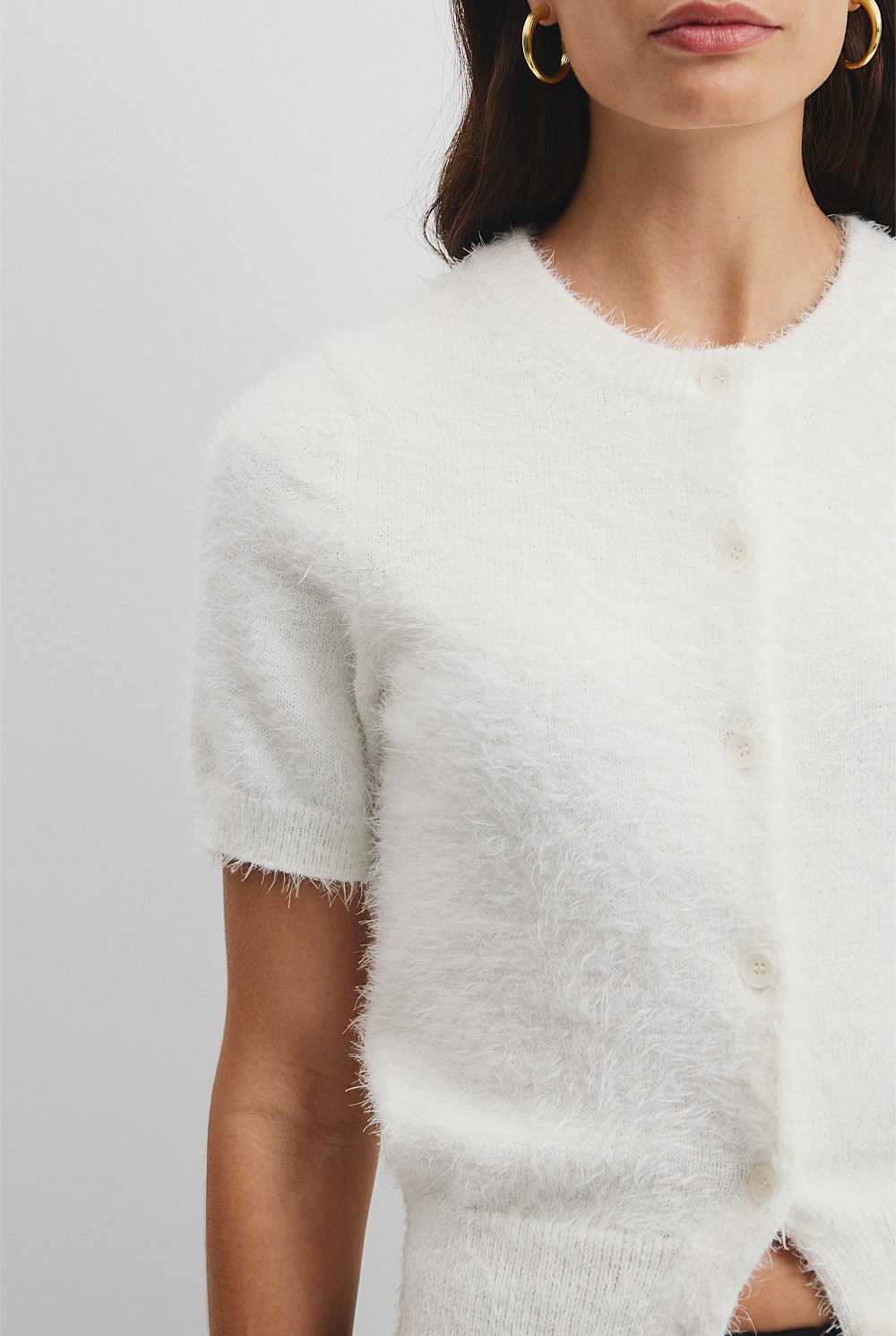 Button Fluffy Knit T-Shirt