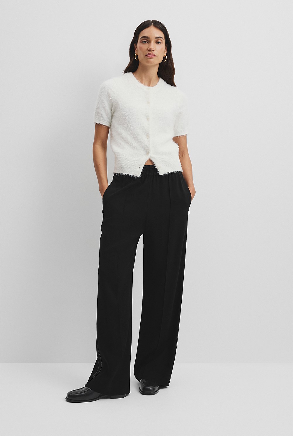 Button Fluffy Knit T-Shirt