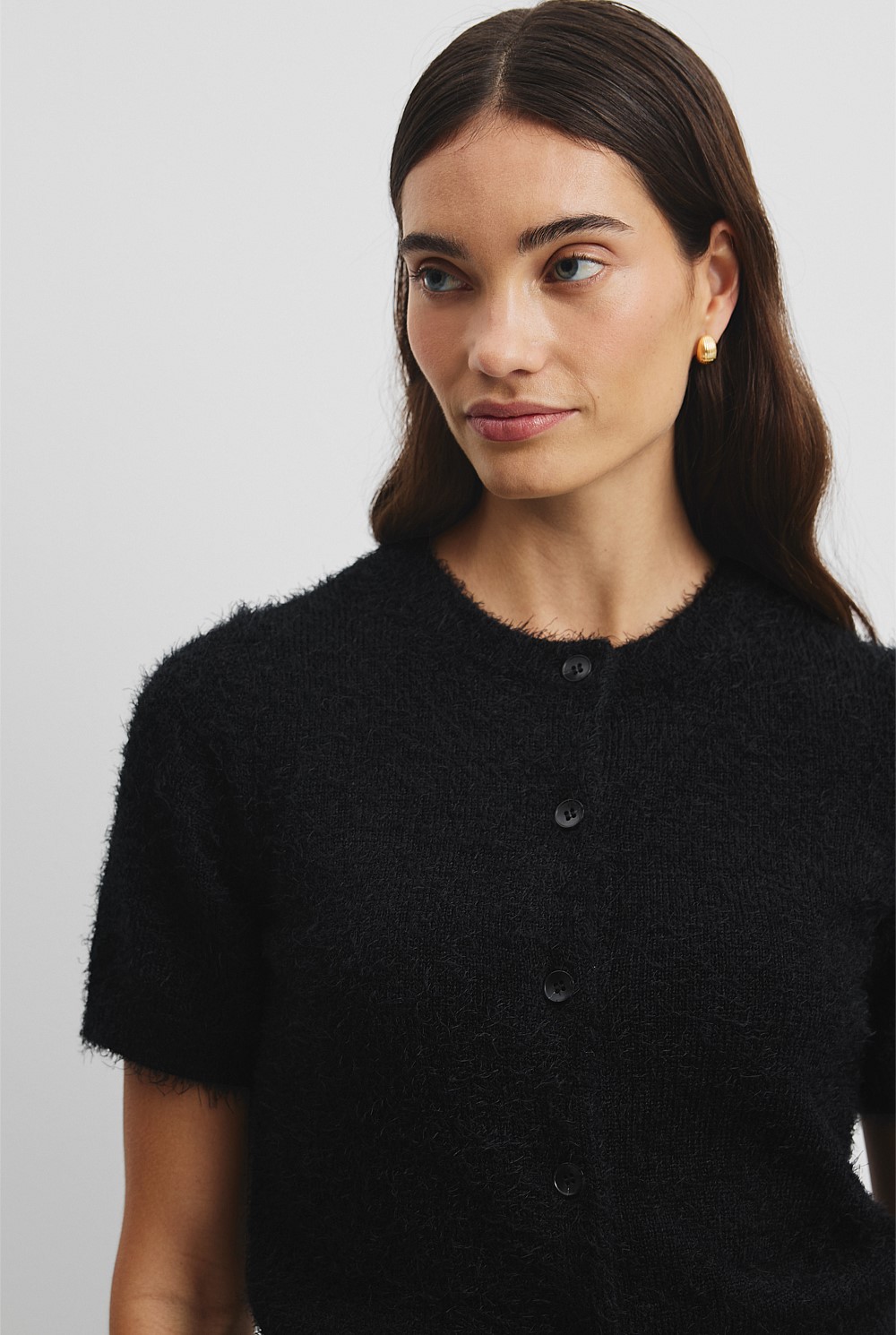 Button Fluffy Knit T-Shirt