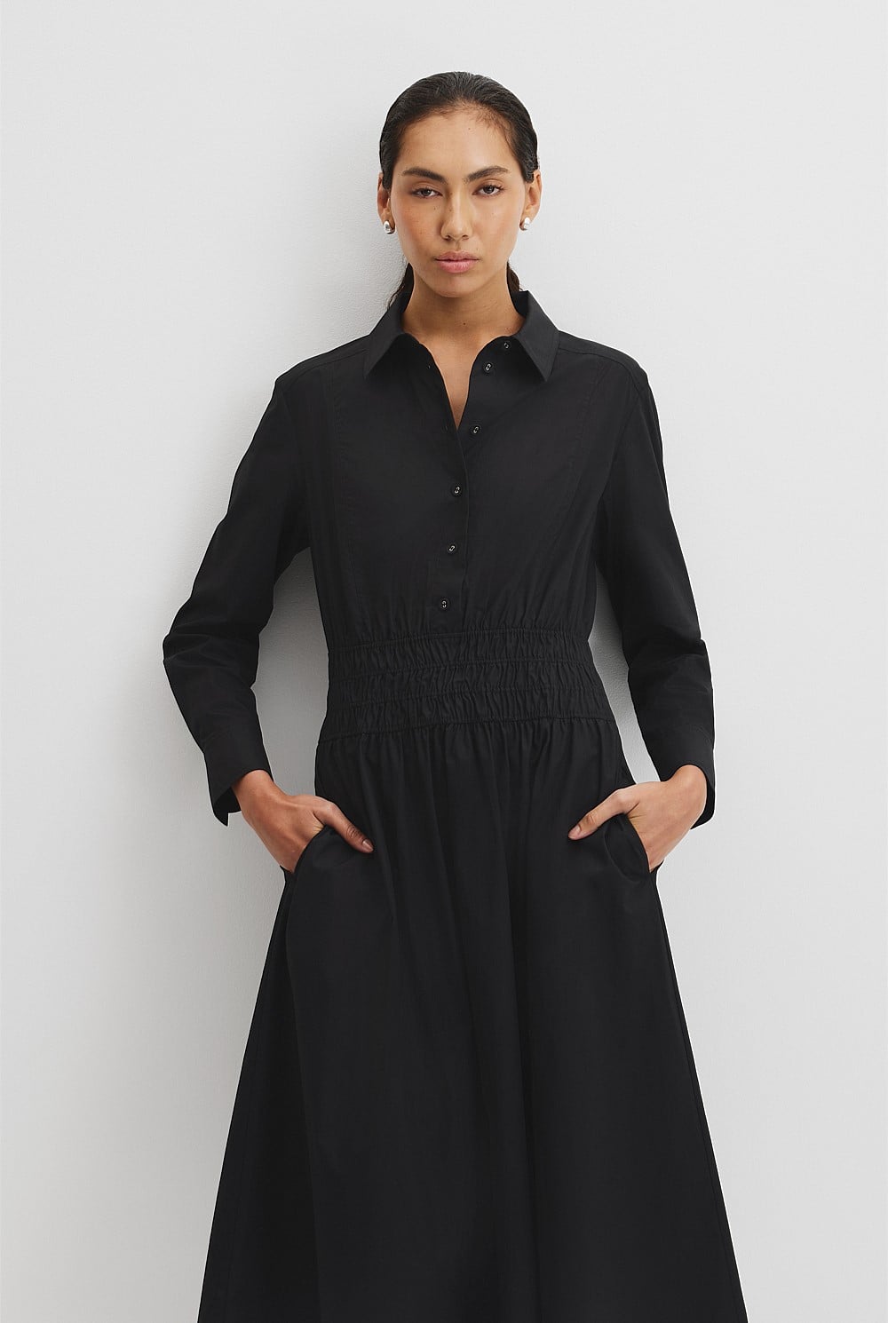 Australian Cotton Shirred Waist Shirt Dress