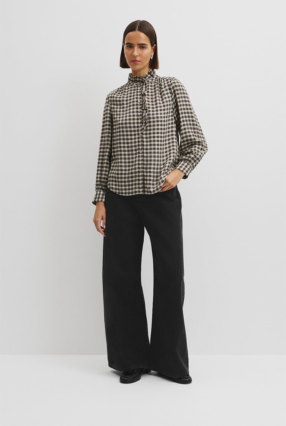 Check Long Sleeve Ruffle Shirt