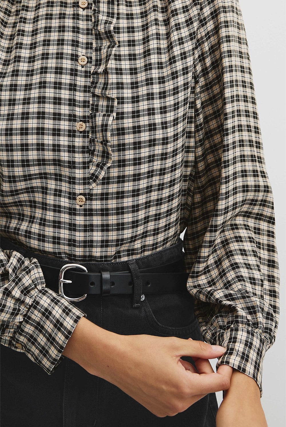 Check Long Sleeve Ruffle Shirt