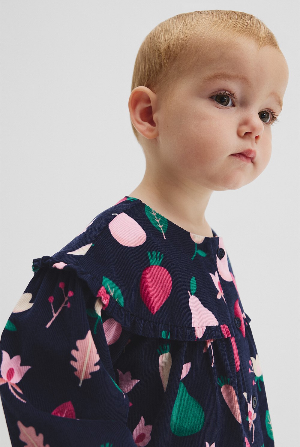 Fruit Frill Long Sleeve Cord Dress