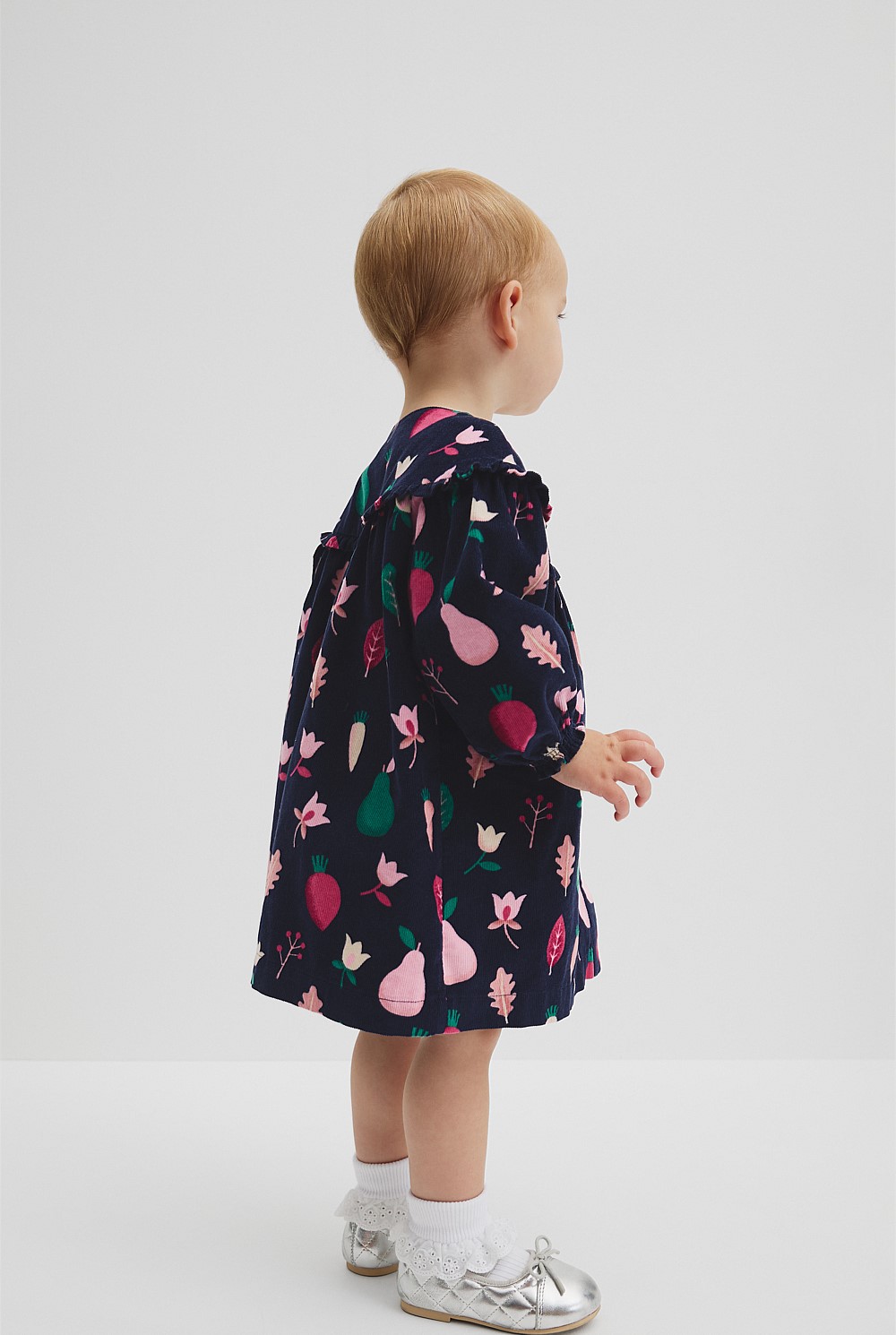 Fruit Frill Long Sleeve Cord Dress